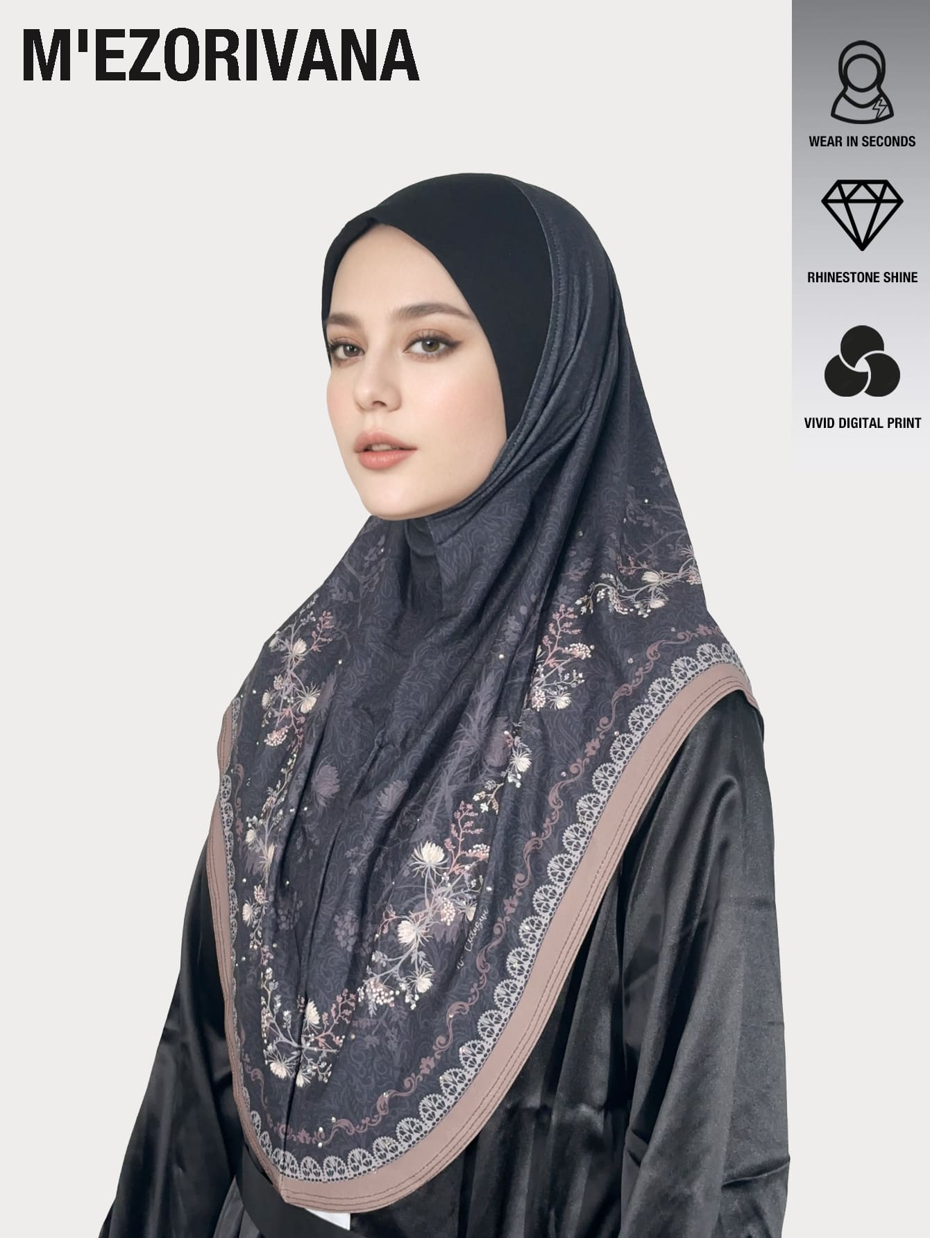 1pc Elegant Leaf Pattern Polyester Multifunctional Headscarf, Comfortable All-Season Wear - Floral Pattern With Fine Hot-fix Rhinestones - View 1