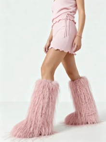 Women Fashionable Fluffy Winter Christmas Furry Knee High Long Boots Pull-On Faux Fur Round Toe Boots Warm Boots Outdoor Flat Shoes Party Casual Winter Fall Boots - Hồng C - Xem 7