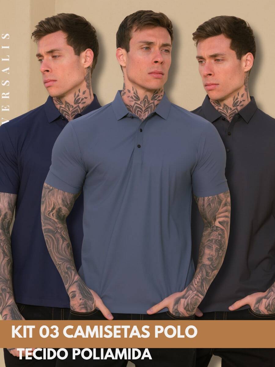 Kit 03 Premium Polyamide Polo Shirt Men's Shirt With Collar And Button Breathable Fabric - 海軍藍/鋼藍/鉛色 - 查看 1