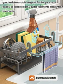 Soporte para esponja de fregadero - Cesta de drenaje automático, organizador de platos de acero inoxidable con estante de tela extraíble, dispensador de jabón y soporte para cepillo de baño - Multicolor - Ver 5