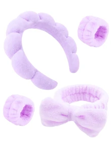 2pcs Facial Headbands/2pcs Facial Wristbands/3sets Spa Headbands, Makeup Headbands, Facial Headbands, Skincare Headbands, Pink Velvet Fluffy Sponge Headbands, Bows, Scrunchies, Spa Headbands, Wristbands, Women & Girls Hair Accessories Set (4pcs/Set)