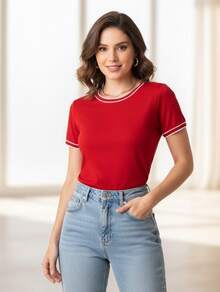 Women's Basic Short-Sleeve Round Neck Blouse In Ribbed Fabric With Details On The Neck And Sleeves - 紅色 - 查看 2