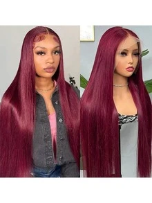 200% 密度 99J 酒红色长直发蕾丝前假发，巴西发，13x4 酒红色蕾丝前假发，13*4 高清红棕色蕾丝前假发，适合日常佩戴，预先拔毛的自然发际线，带婴儿发，透气帽，外观自然 - SBUG - 查看 6