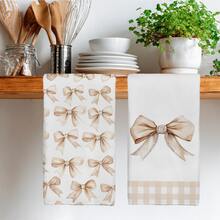 2pcs Simple Daily Coffee Color Bow Pattern Kitchen Towels, Soft Polyester Material Dish Cloths, Suitable For Kitchen Decor, Kitchen Cleaning, Holiday Party Decor, Kitchen & Bathroom Essentials, Home Decor, Housewarming Gift - Multicolor - View 7