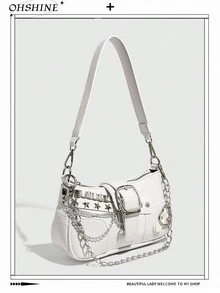 Y2K Star &Y2K Fashionable Star & Moon Design Pink Chain Decor Bag, Baguette Bag, Niche Design, Steampunk,Ladies Bag, Cool Girl Streetwear, Music Festival, Party, Rock Style Bag , Y2k Bag, Gothic Punk Bag , 2000s Fashion Style Bag For Women - trắng - Xem 1