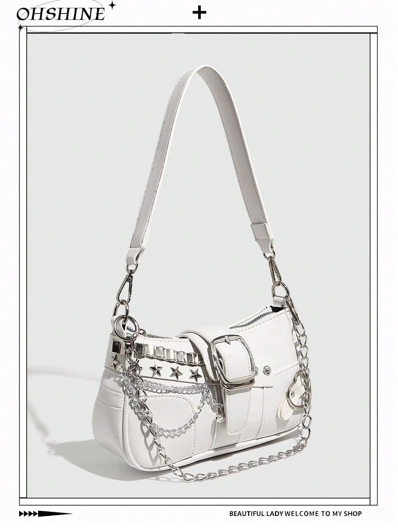 Y2K Star &Y2K Fashionable Star & Moon Design Pink Chain Decor Bag, Baguette Bag, Niche Design, Steampunk,Ladies Bag, Cool Girl Streetwear, Music Festival, Party, Rock Style Bag , Y2k Bag, Gothic Punk Bag , 2000s Fashion Style Bag For Women - trắng - Xem 1