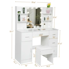 Makeup Vanity Desk With Lighted Mirror, 3 Color Light Modes Adjustable Brightness Settings, Drawers And Storage Shelves For Storage, Bedroom Furniture, Dressing Table, Christmas Birthday Gift For Women - White - View 7