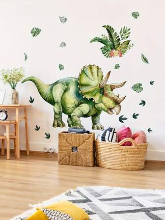 卡通草食性三角龙墙贴，自然风格，逼真绘画，儿童房装饰贴纸，PVC可移除自粘墙纸，适用于家居墙面装饰、儿童房背景墙、墙面翻新