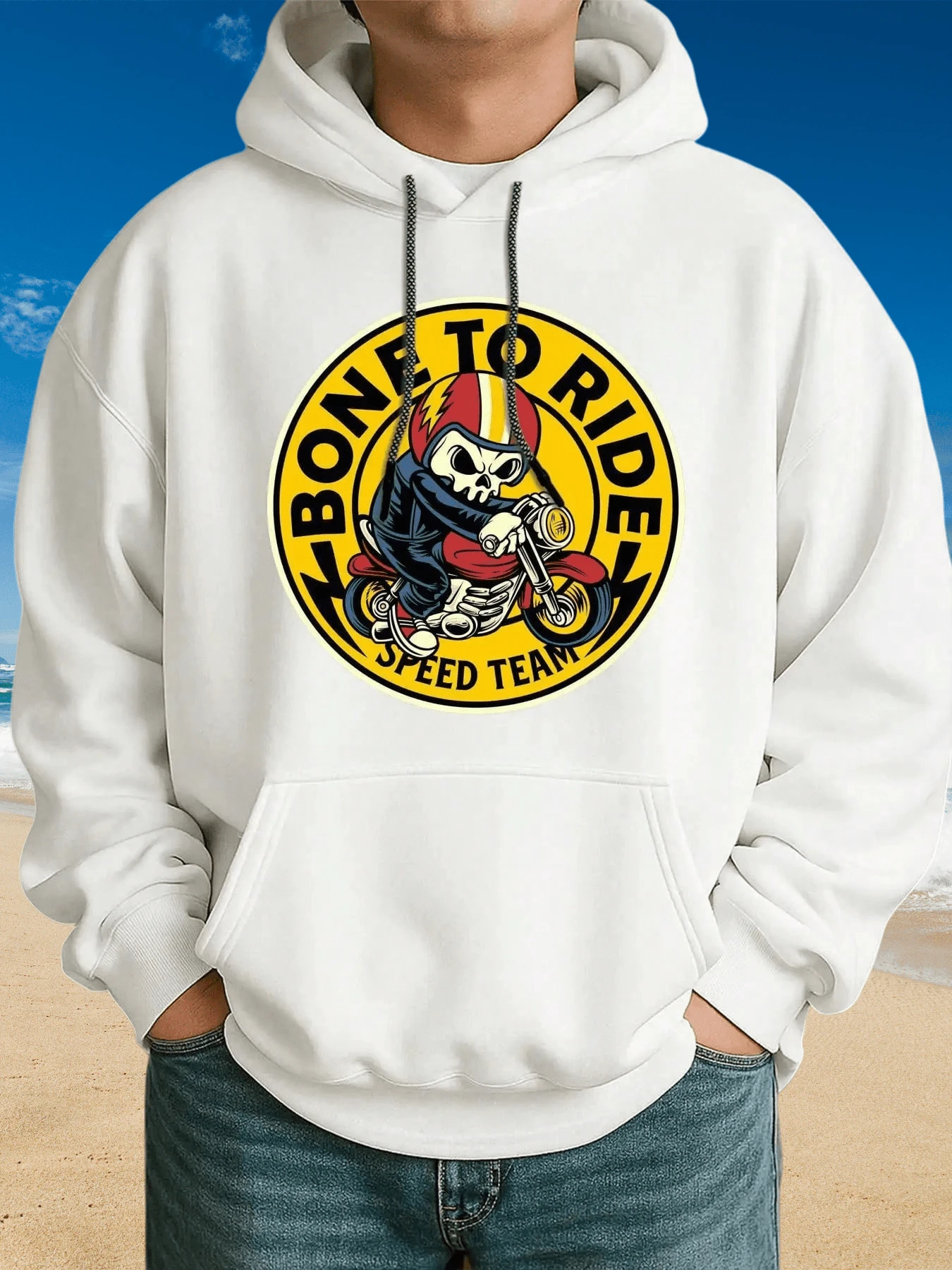 Sudadera con capucha de patrón de motocicleta para hombres con impresión del equipo de velocidad Caballero Muerte y HUESO para CONDUCIR - Estilo urbano blanco, bolsillo canguro, suéter casual suelto de invierno, adecuado para entusiastas de las motocicletas, atuendo cómodo de otoño e invierno, estilo urbano de moda, lavable aáquina, regalo para motociclistas - Blanco - Ver 1