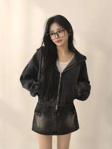 女士落肩长袖休闲连帽宽松牛仔外套 - 黑色 - 查看 1