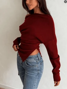 Elegant Fashion Casual Asymmetric Shoulder Knit Sweater, Slim Fit Asymmetrical Hem Pullover For Daily Commute - Red - View 3