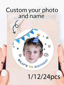 1/12/24张定制照片/姓名生日贴纸,个性化图片生日标签,定制年龄派对礼物标签,可定制生日派对自粘贴纸,派对礼品袋标签,4x4厘米,时尚 - 彩色 - 查看 2