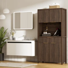 GIKPAL Modern Pantry Cabinet With Power Outlet & Adjustable Shelves - Kitchen Storage Hutch With Drawer, Wave-Textured Doors For Dining & Living Room, Natural Oak Finish, Walnut - View 2