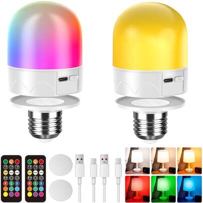 Rechargeable Bulb - E27 Battery Powered Bulb, 10 Dimming And Color Ribbon Remote Controls Suitable For Non Hard Wired Wall Lights, Pendant Lights