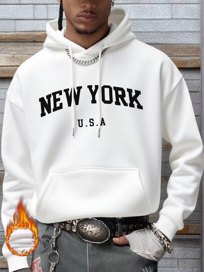 K-GLORY 男士宽松连帽衫，纽约图案印花休闲套头卫衣，秋冬时尚