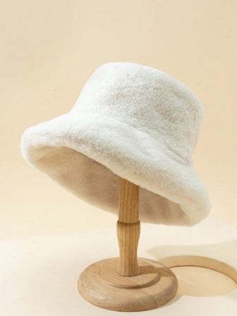 1pc Women's Beige Fluffy Thickened Winter Warm Wide Brim Fashion Versatile Bucket Hat, Suitable For Daily Casual, Shopping, Commuting Winter Gear