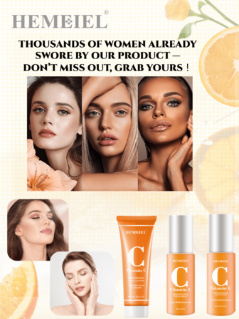 HEMEIEL 2/3件套维生素C护肤套装 - 保湿亮肤乳液（适合所有肤质）、舒缓面部喷雾、纯净洁面乳、亮肤乳液。蕴含维生素E，深层滋养，低敏配方，紧致提升肌肤弹性，清新亮泽，是馈赠佳品。