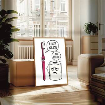 Set Of 1 Funny Bathroom Wall Art: I Hate My Jobs Toothbrush & Toilet Print, Frameless Dopamine Decor For Modern Minimalist Toilet