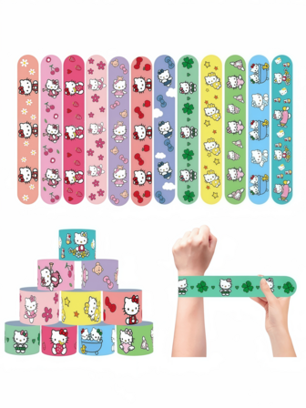Sanrio 24/12条装 Hello Kitty 女孩按扣手环，可爱卡通动物弹力拍拍腕带，送给孩子/女儿的可爱礼物，卡通人物图案儿童手环，适合送礼和派对佩戴的拍拍手环
