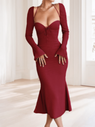 Onicee Women's Fashionable Solid Color Halter Neck Long Sleeve Fitted Dress, Suitable For Christmas, Autumn