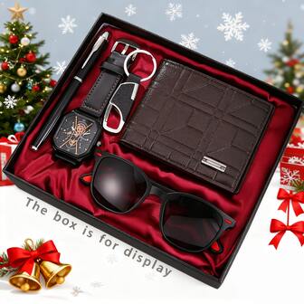 男士升级礼盒套装！经典眼镜+时尚钱包+腕表+商务钢笔+钥匙扣，圣诞节、周年纪念日及其他送礼场合的必备之选