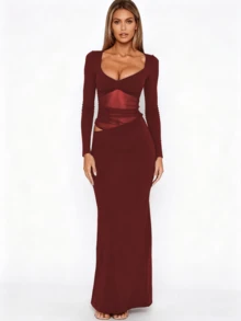 Đầm dài tay phối lưới xuyên thấu phong cách Y2K quyến rũ, gợi cảm, màu đen, thiết kế thanh lịch. - Đỏ - Xem 1