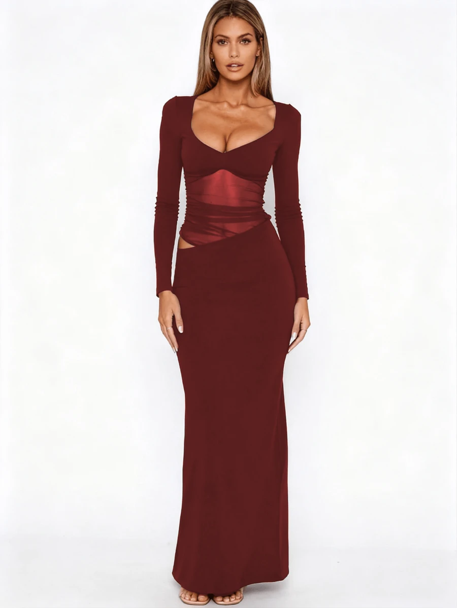 Đầm dài tay phối lưới xuyên thấu phong cách Y2K quyến rũ, gợi cảm, màu đen, thiết kế thanh lịch. - Đỏ - Xem 1