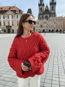 VIBEWAVE Autumn/Winter Bright Red Heavyweight Chunky Cable Knit Crew Neck Sweater, Loose Drop Shoulder Short Thick Vintage Lazy Vibe Pullover Knit Top, Casual Outing Street Photography - Red - View 2