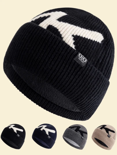 JZML 1pc Men's Letter Jacquard Decoration Warm Knit Beanie Hat Warm Accessories