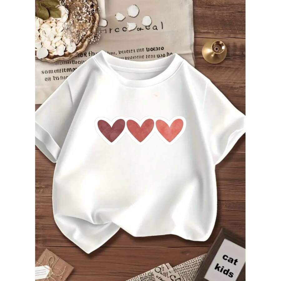 Girls' Off-Shoulder Short-Sleeve T-Shirt With 3 Hearts Side-By-Side Print, 100% Premium Cotton. - White - View 1