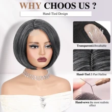 Short Bobbed Wig, Yaki Straight Synthetic Fiber Side Part Short Wig, Soft & Fluffy Yaki Wig, Suitable For Women/Mothers, Straight Bobbed Wig, Short Pixie Wig, Ombre Gray/Brown/Black Wig, Suitable For Daily Wear Or Parties - Gray Highlight - View 6
