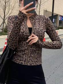 Fashionable Sexy Fitted Long Sleeve Leopard Print Women Jacket, Zipper Closure, Everyday Wear, Spring/Autumn - Brown - View 1