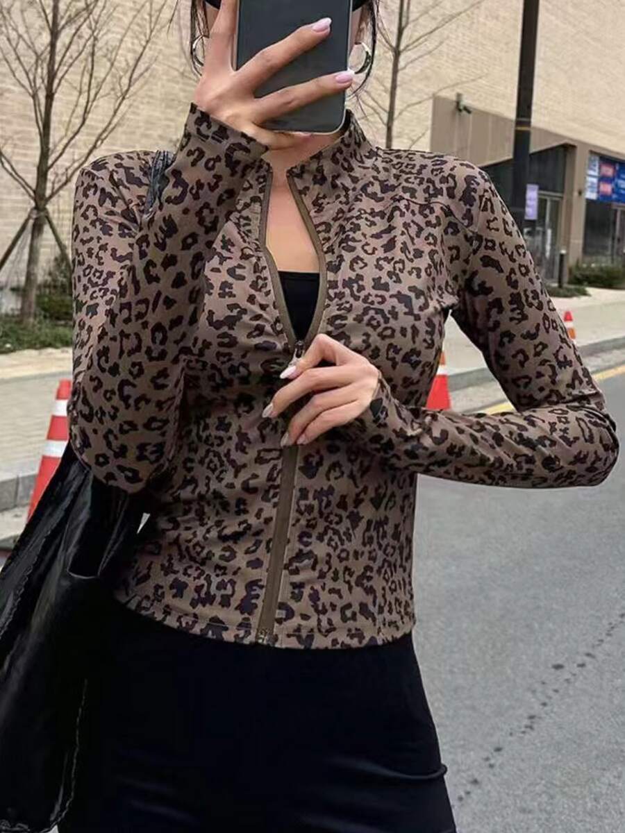 Fashionable Sexy Fitted Long Sleeve Leopard Print Women Jacket, Zipper Closure, Everyday Wear, Spring/Autumn - Brown - View 1