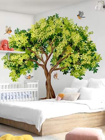 Cartoon Big Tree And Birds Wall Stickers, Natural Forest Style Children's Room Decor, Cartoon Living Room Bedroom Nursery Kindergarten Background Decoration, Suitable For Kids Room Decor