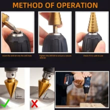 6件套钻头组，包括3种尺寸的阶梯钻头和3种尺寸的锯齿麻花钻头，适用于金属和木材钻孔