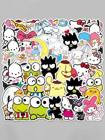 三丽鸥50张卡通贴纸套装 - 正版Hello Kitty、酷洛米、布丁狗、宝可梦贴纸 - PVC材质 - 防水贴纸，适用于行李箱、水瓶、吉他、滑板、学习用品、返校季等。