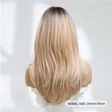 22 Inch Brown Gradient Gold Inner Button Wig With Bangs, Suitable For Women's Brown Dark Hair, With Blonde Wig, Heat-Resistant Synthetic Wig, Suitable For Daily Party Role-Playing Wig - 香檳色 - 查看 5