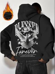 קפוצ'ון לגברים עם הדפס שלום וסלוגן באנגלית, בטנה תרמית, סתיו/חורף