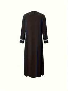 Elegant Women's Black One-Piece Dress - Long Sleeves, Sequin Details, Middle Eastern Style - Perfect For Ramadan And Islamic Prayer - Machine Washable, Long Robe - Black - View 2