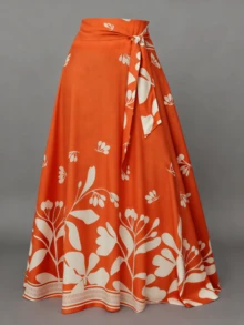 Elegant Floral Print A-Line Skirt With Belt, Autumn S M L - Màu Cam cháy - Xem 1