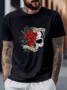 Calavera con rosas rojas y cintas que simbolizan la dualidad emocional en contraste de vida y Camiseta de hombre 100% algodón - Negro - Ver 6