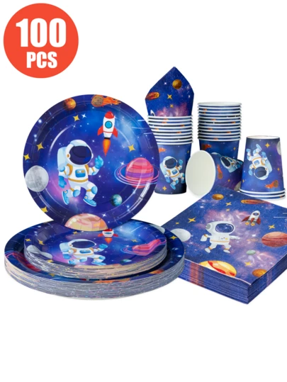 1 Set Astronaut Themed Disposable Plates, Napkins, Cups For 25 Guests, One-Time Paper Plates Party Supplies Suitable For Birthday, Wedding, Party, Family Picnic