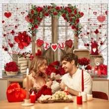 1pc Romantic Valentine's Day Background Cloth Banner, Designed With Brick Wall Rose Arch, Balloons, Teddy Bears, Creating A Romantic And Warm Atmosphere, Suitable For Holiday Decoration - Valentine's Day, Photography Background Props, Courtyard, Garden Decoration, Anniversary Decoration - Multicolor - View 3