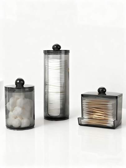 3 Packs Qtip Holder Dispenser Clear Black Plastic Apothecary Jar Containers Bathroom Accessories Set Storage Box Organizer For Storage Makeup Stick Swab, Ball, Pads, Floss