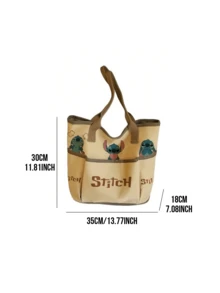 Stitch Canvas Tote Bag, Multi-Expression Stitch Print, External Pocket Design, Beige Base + Brown Accents, Durable Fabric, Spacious Capacity, Comfortable Wide Shoulder Straps, For Teen Girls/ Fans, Daily Use/School/Shopping, Cute Kawaii Aesthetic, Ideal Birthday/Holiday Gift For Stitch Lovers - Canvas Bag - Khaki - View 10