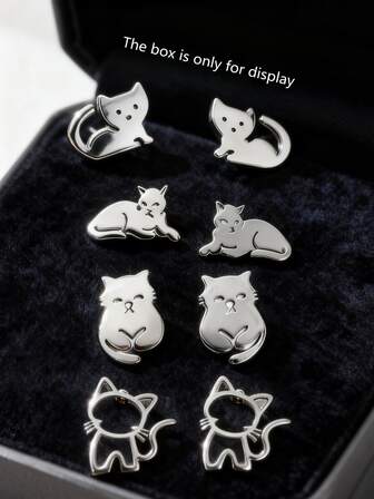 VceTd 4 Pairs Cute Mini Cat Shaped Stainless Steel Stud Earrings For Men, Suitable For Daily Commute Or Travel Outfit, Also Make A Great Gift For Lover Or Friend