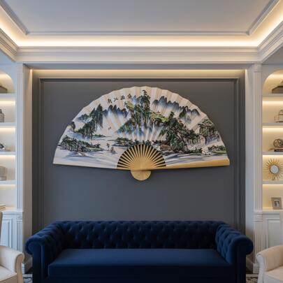 Giant Large Hanging Fan Chinese Decorative Fan Large Folding Fan Extra Large Background Wall Decoration Mural Chinese Fan Half-Moon Window Decoration Traditional Handmade Bamboo Decorative Folding Fan Perfect For Home Decoration, Wedding, Photography Background And Cultural Events | Auspicious Design | Exquisite Details, Chinese Home Decoration