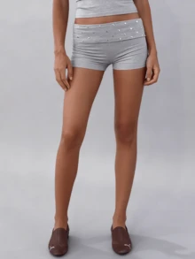 Women Rivet Mini Shorts Studded Foldover Solid Color Y2k Micro Shorts Elastic Waist Low Rise Summer Lounge Workout Boxer Shorts Causal Going Out Outfi - Grey - View 6