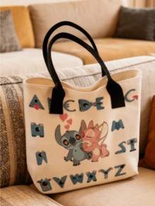 Stitch Canvas Tote Bag, Colorful Paint Splash Print, Bold "STITCH" Lettering, Beige Base + Black Wide Shoulder Straps, Spacious Large Capacity,Lightweight Portable, For Teen Girls/Young Women/ Fans, Daily Use/School/S. - 字母愛心史迪仔 - 查看 7