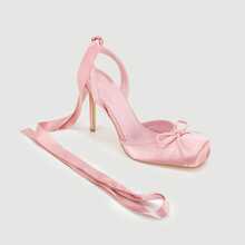 Spring New Elegant And Fashionable Ladies High-Heeled Square Toe Ankle Strap Satin Bow Ballet Toe Cap Black Bottom Sandals - 粉色 - 查看 13